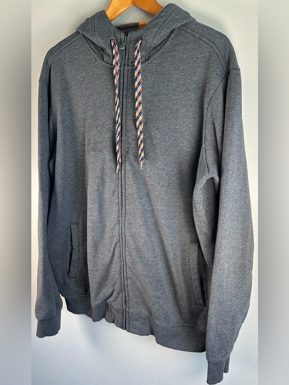 VTG O’Neill Mens Hoodie Sweater Sz XXL Gray Embroidered Braided Drawstrings Y2K - Picture 3 of 12